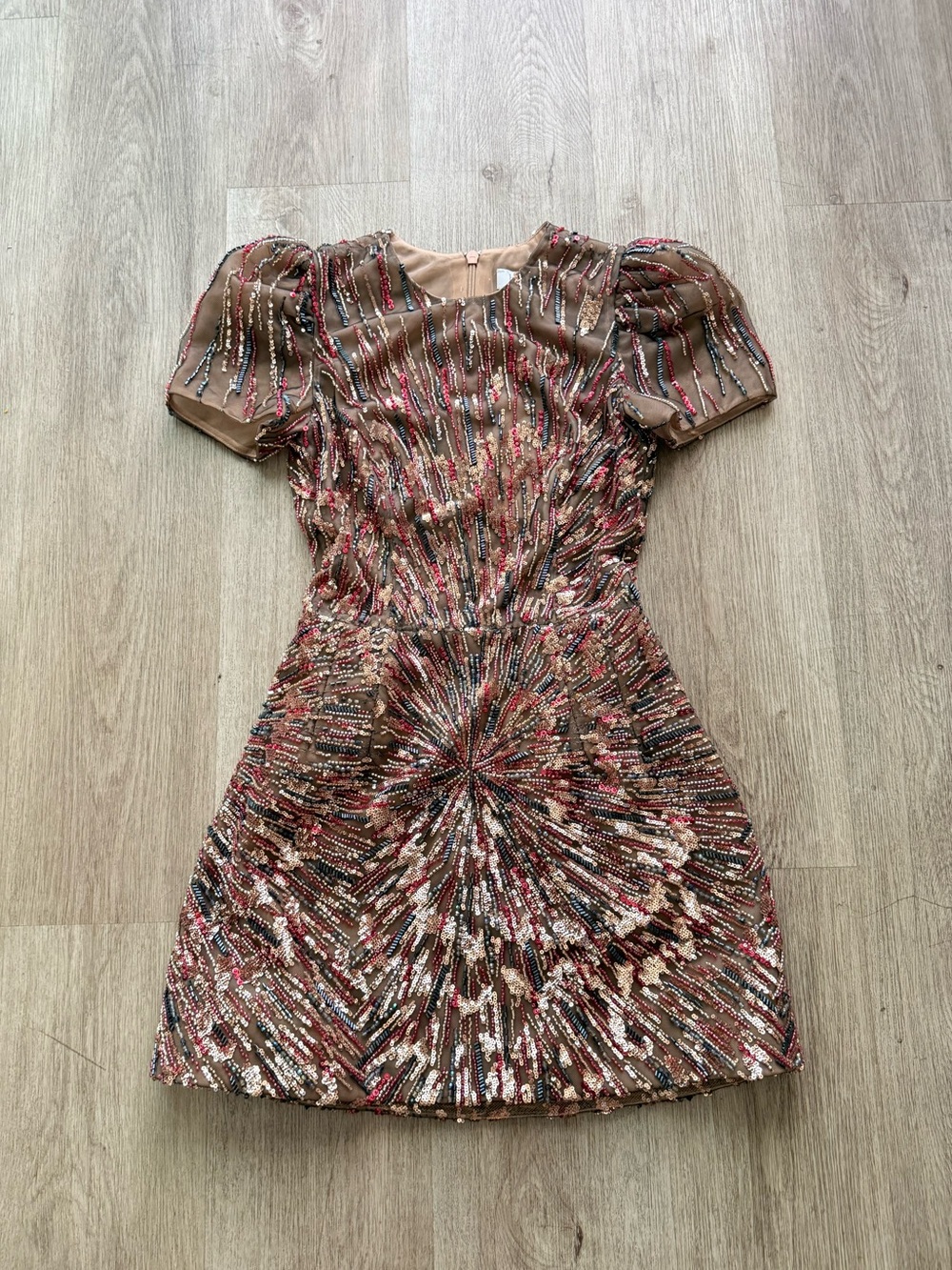 helsi coco rose taupe sequin & bead embellished puff sleeve mini dress size XS